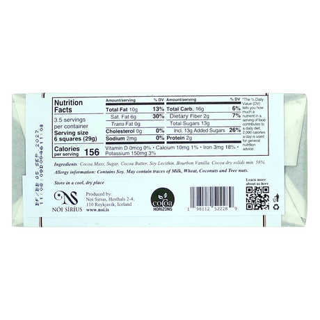 Back of an Icelandic chocolate bar wrapper showing nutrition facts, ingredients, barcode, and manufacturer information on a white background.