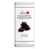 Icelandic chocolate bar on a white wrapper, labeled 70% dark chocolate, 3.53 oz (100 g), with Nordic language text and image of chocolate pieces.