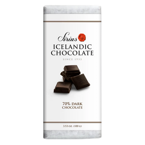 Icelandic chocolate bar on a white wrapper, labeled 70% dark chocolate, 3.53 oz (100 g), with Nordic language text and image of chocolate pieces.