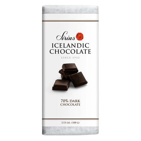 Icelandic chocolate bar on a white wrapper, labeled 70% dark chocolate, 3.53 oz (100 g), with Nordic language text and image of chocolate pieces.