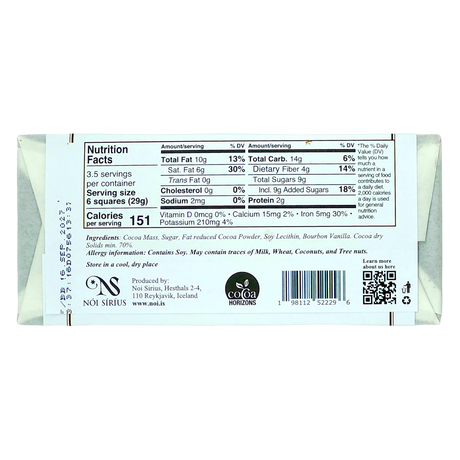 Back of Nordic chocolate bar wrapper with nutrition facts, ingredients list, barcode, cocoa certification logo, and company contact details on a plain white background.