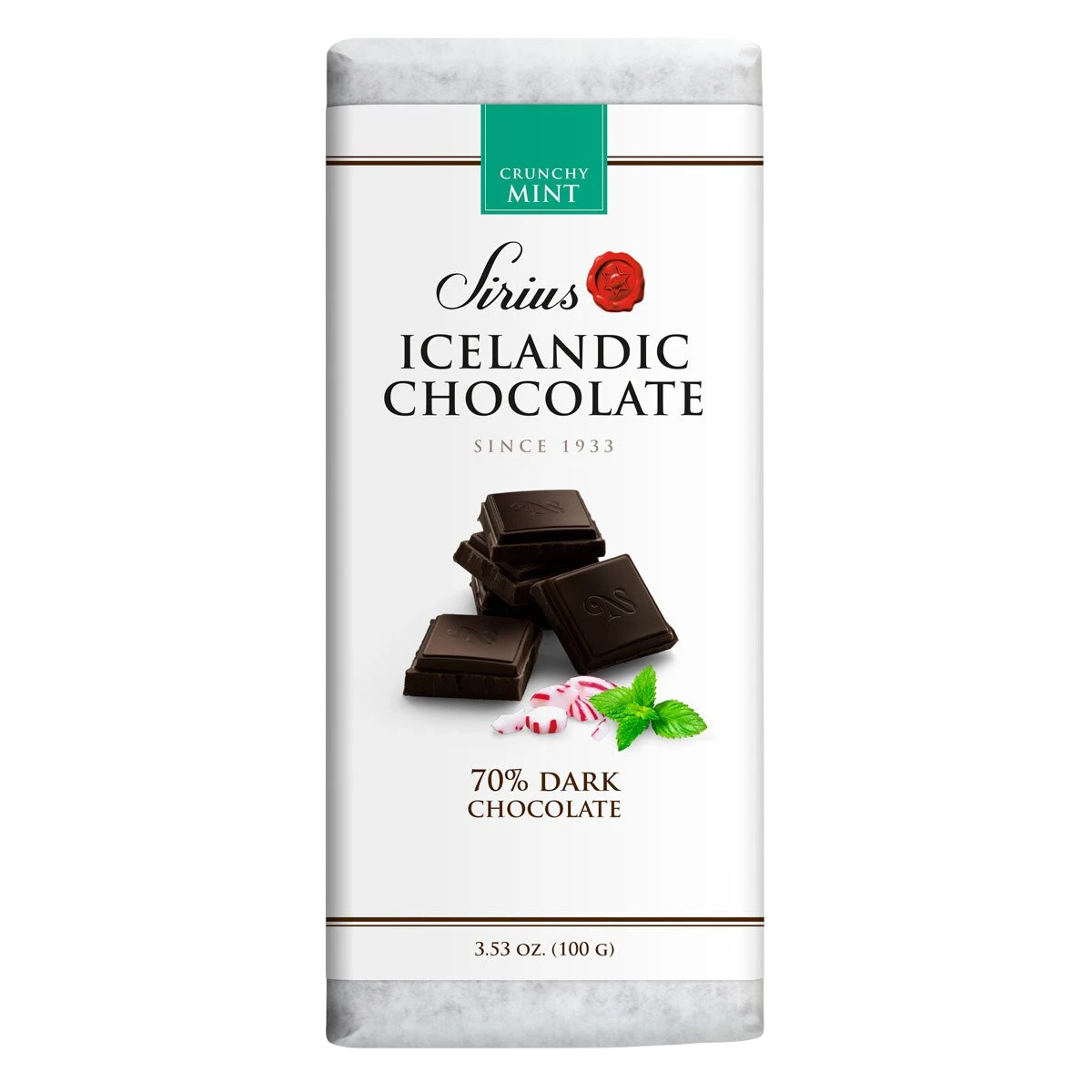 Icelandic dark chocolate bar, 70% cocoa. Wrapper shows pieces of chocolate and mint leaves. Net weight 3.53 oz (100 g) displayed on the front.