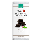 Icelandic dark chocolate bar, 70% cocoa. Wrapper shows pieces of chocolate and mint leaves. Net weight 3.53 oz (100 g) displayed on the front.