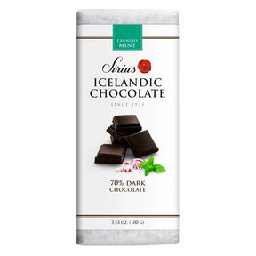 Icelandic dark chocolate bar, 70% cocoa. Wrapper shows pieces of chocolate and mint leaves. Net weight 3.53 oz (100 g) displayed on the front.