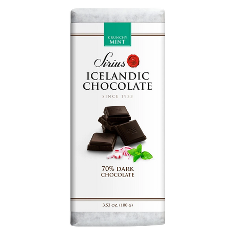 Icelandic dark chocolate bar, 70% cocoa. Wrapper shows pieces of chocolate and mint leaves. Net weight 3.53 oz (100 g) displayed on the front.