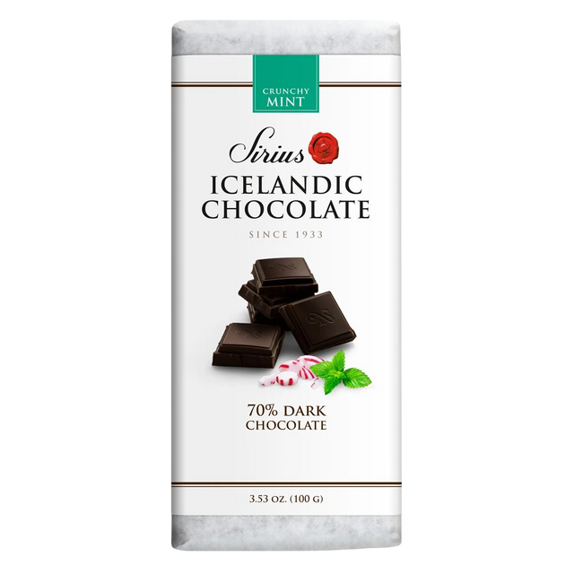 Icelandic dark chocolate bar, 70% cocoa. Wrapper shows pieces of chocolate and mint leaves. Net weight 3.53 oz (100 g) displayed on the front.