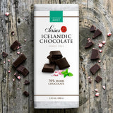 A mint chocolate bar labeled 70% cocoa, with pieces of broken chocolate and crushed candy scattered on a rustic wooden surface.