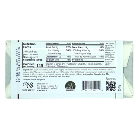 Back of an Icelandic chocolate bar with 70% cocoa, featuring nutrition facts, ingredients, manufacturer details, barcode, and certifications in black text on a white background.