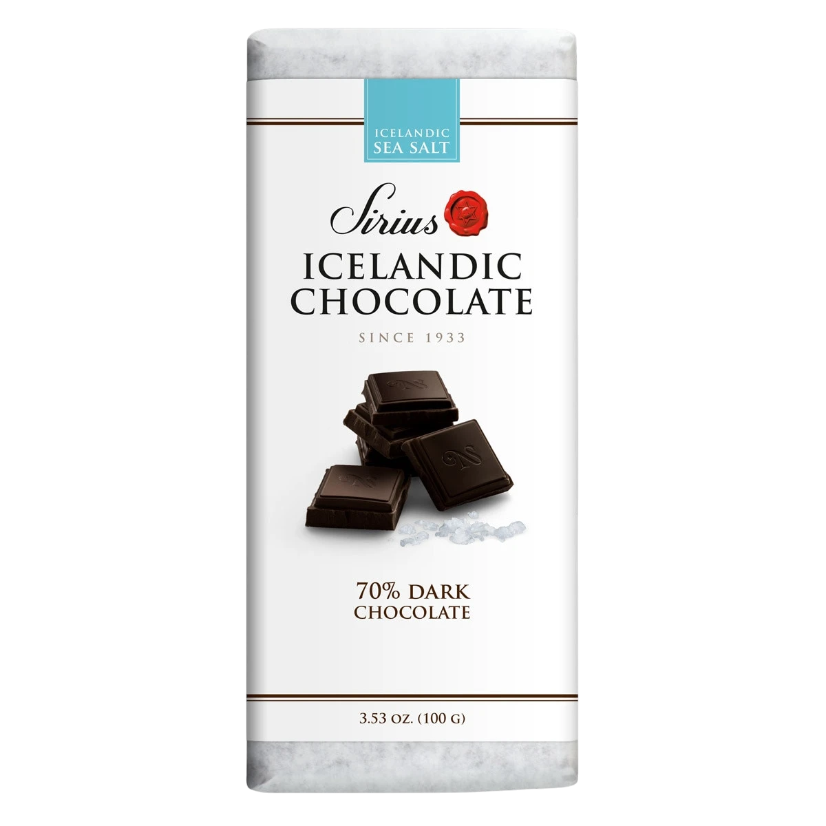 White-wrapped Icelandic chocolate bar featuring 70% dark chocolate and sea salt, with images of chocolate squares and salt crystals on the packaging.