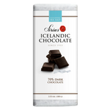 White-wrapped Icelandic chocolate bar featuring 70% dark chocolate and sea salt, with images of chocolate squares and salt crystals on the packaging.