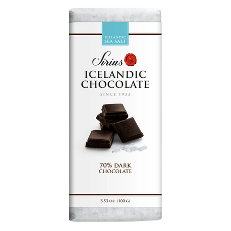 White-wrapped Icelandic chocolate bar featuring 70% dark chocolate and sea salt, with images of chocolate squares and salt crystals on the packaging.