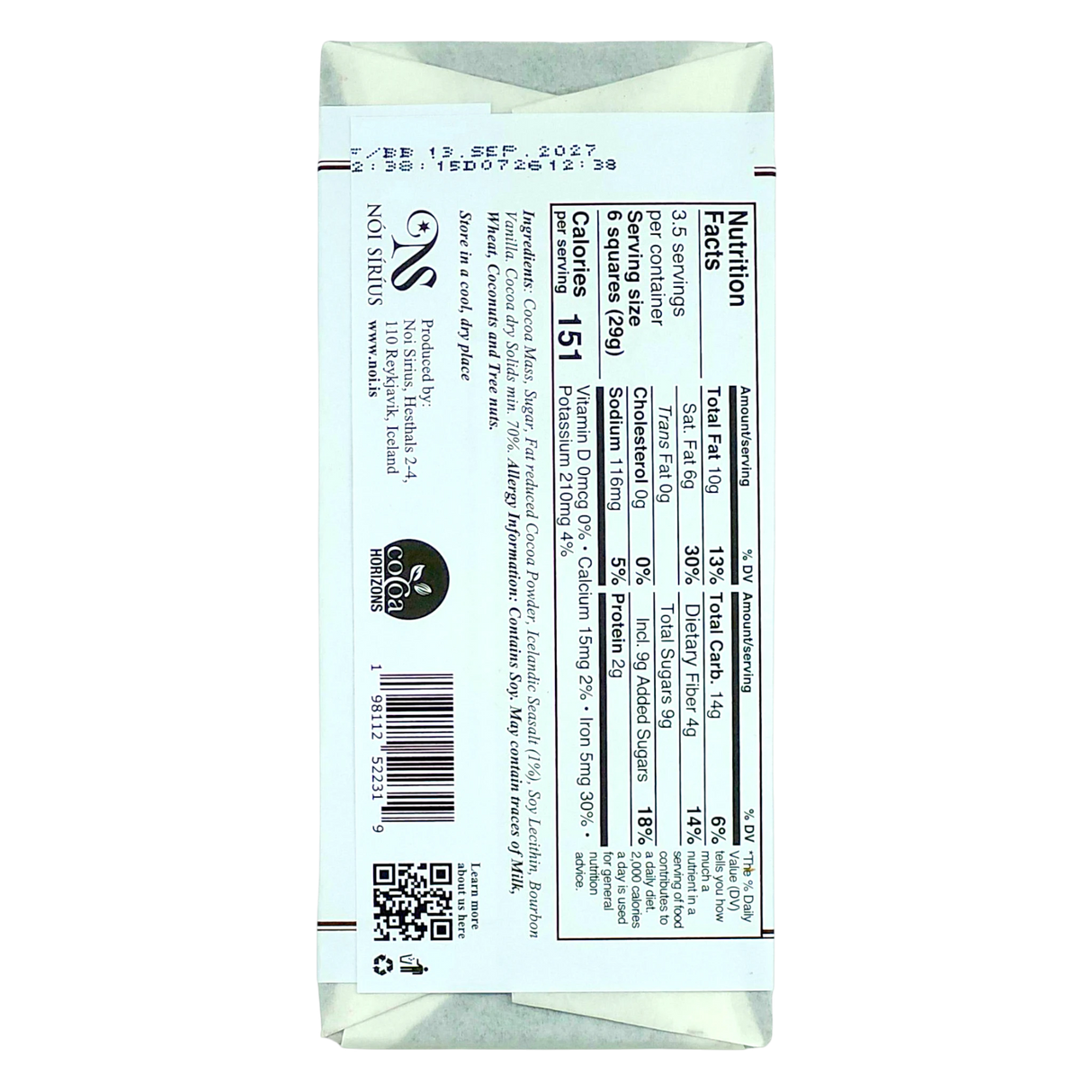 Back of a dark chocolate bar with nutrition facts, ingredients, best before date, and certification logos on white packaging with black and red text.