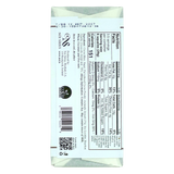 Back of a dark chocolate bar with nutrition facts, ingredients, best before date, and certification logos on white packaging with black and red text.