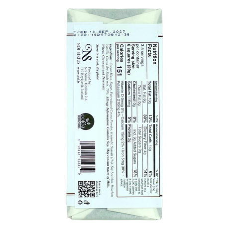 Back of a dark chocolate bar with nutrition facts, ingredients, best before date, and certification logos on white packaging with black and red text.