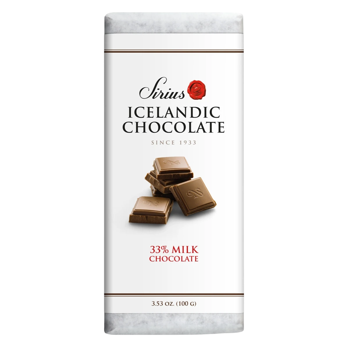 Icelandic milk chocolate bar with 33% cocoa, wrapper shows chocolate pieces. Net weight: 3.53 oz (100 g) is printed on the packaging.