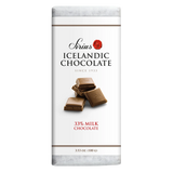Icelandic milk chocolate bar with 33% cocoa, wrapper shows chocolate pieces. Net weight: 3.53 oz (100 g) is printed on the packaging.