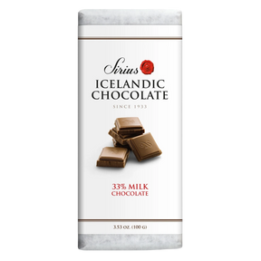 Icelandic milk chocolate bar with 33% cocoa, wrapper shows chocolate pieces. Net weight: 3.53 oz (100 g) is printed on the packaging.
