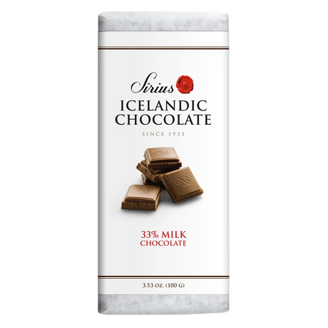 Icelandic milk chocolate bar with 33% cocoa, wrapper shows chocolate pieces. Net weight: 3.53 oz (100 g) is printed on the packaging.