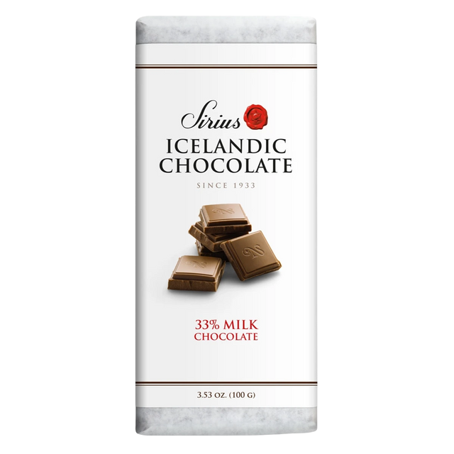 Icelandic milk chocolate bar with 33% cocoa, wrapper shows chocolate pieces. Net weight: 3.53 oz (100 g) is printed on the packaging.
