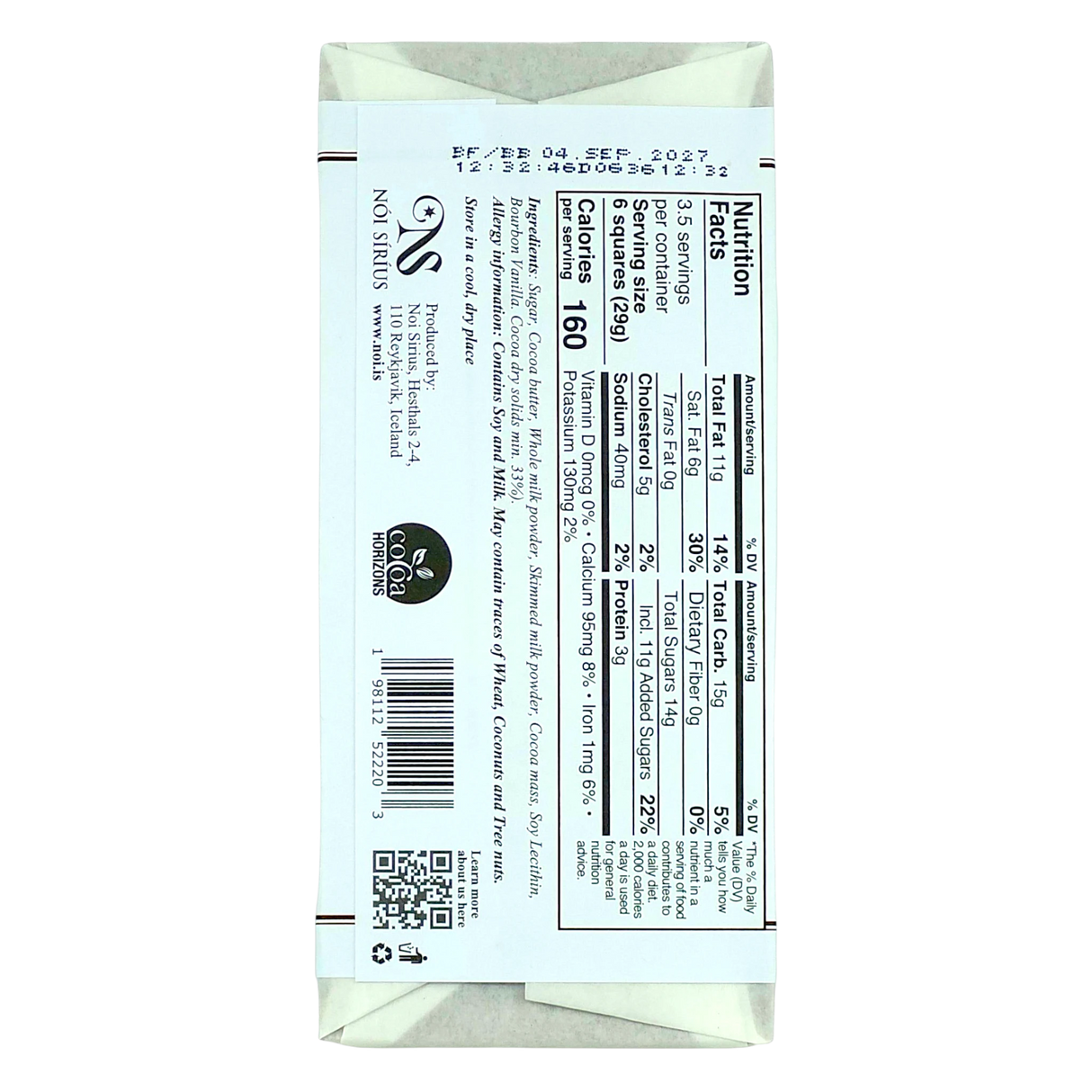Back of chocolate bar with black text on white showing nutrition facts, ingredients list, barcode, QR code, and best by date: September 4, 2027.