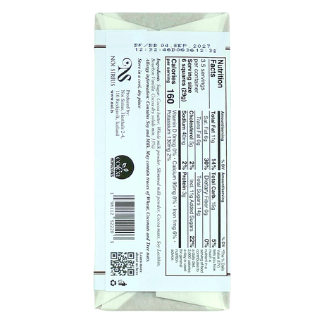 Back of chocolate bar with black text on white showing nutrition facts, ingredients list, barcode, QR code, and best by date: September 4, 2027.