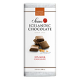 Icelandic milk chocolate bar with toffee and sea salt, shown with chocolate pieces and visible salt crystals. Label displays 33% milk chocolate and net weight 3.53 oz.