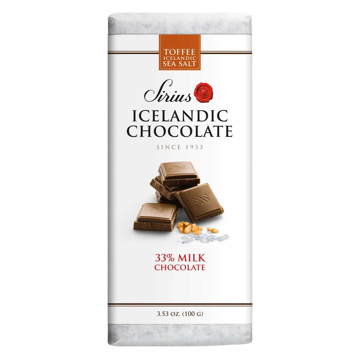Icelandic milk chocolate bar with toffee and sea salt, shown with chocolate pieces and visible salt crystals. Label displays 33% milk chocolate and net weight 3.53 oz.