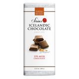 Icelandic milk chocolate bar with toffee and sea salt, shown with chocolate pieces and visible salt crystals. Label displays 33% milk chocolate and net weight 3.53 oz.