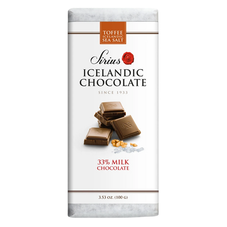 Icelandic milk chocolate bar with toffee and sea salt, shown with chocolate pieces and visible salt crystals. Label displays 33% milk chocolate and net weight 3.53 oz.