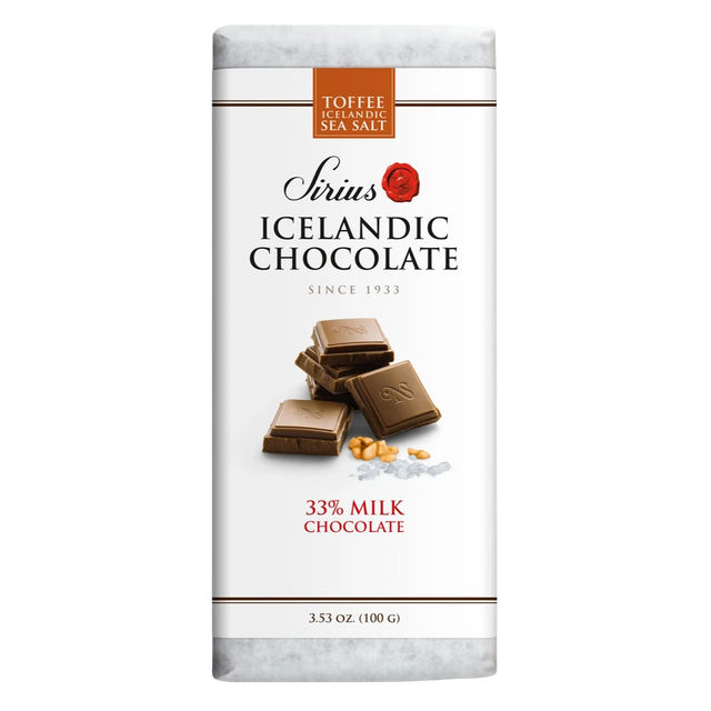 Icelandic milk chocolate bar with toffee and sea salt, shown with chocolate pieces and visible salt crystals. Label displays 33% milk chocolate and net weight 3.53 oz.