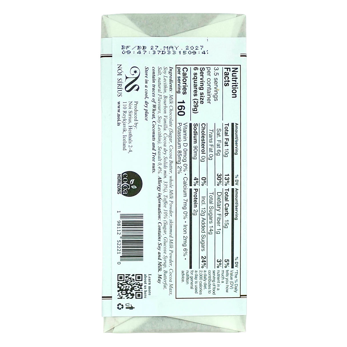 Back of toffee chocolate bar with nutrition facts, ingredients list, barcode, QR code, and best by date 27 MAY 2027 printed near the top.