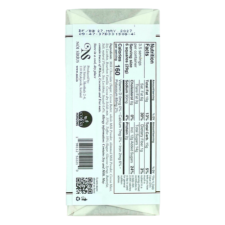 Back of toffee chocolate bar with nutrition facts, ingredients list, barcode, QR code, and best by date 27 MAY 2027 printed near the top.