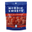 A blue and red bag labeled “Nordic Sweets” contains 5 oz (141g) of Swedish raspberry gummy candy coated in sugar.