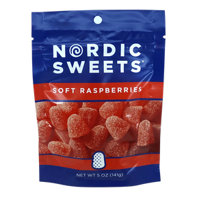 A blue and red bag labeled “Nordic Sweets” contains 5 oz (141g) of Swedish raspberry gummy candy coated in sugar.