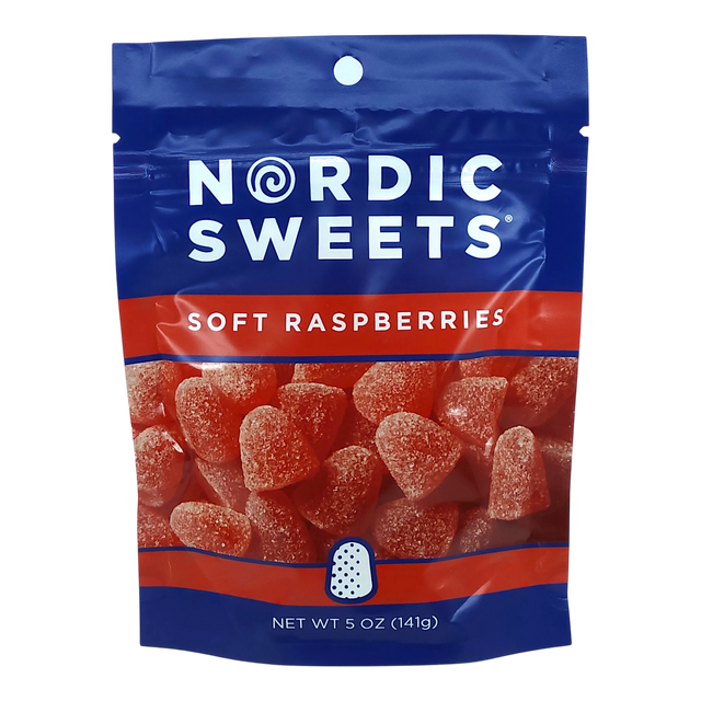 A blue and red bag labeled “Nordic Sweets” contains 5 oz (141g) of Swedish raspberry gummy candy coated in sugar.