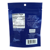 Back of a blue bag with visible nutrition facts, ingredients list, company details, and images representing assorted Swedish gummy candy from Nordic Sweets.