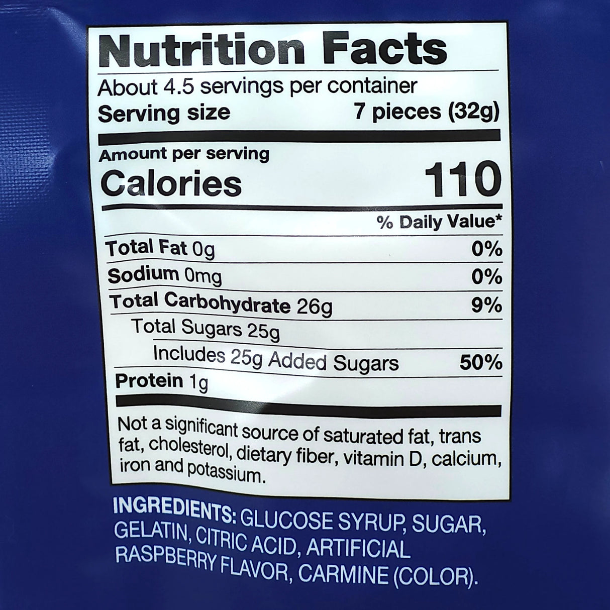 Nutrition label shows 7-piece (32g) serving, 110 calories, 26g carbs, 25g sugar, 0g fat, 1g protein; ingredients include glucose syrup and gelatin.