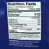 Nutrition label shows 7-piece (32g) serving, 110 calories, 26g carbs, 25g sugar, 0g fat, 1g protein; ingredients include glucose syrup and gelatin.