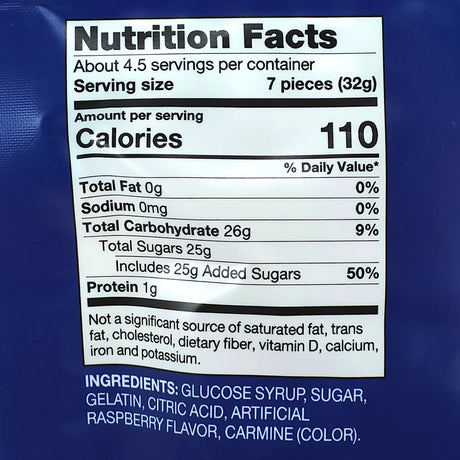 Nutrition label shows 7-piece (32g) serving, 110 calories, 26g carbs, 25g sugar, 0g fat, 1g protein; ingredients include glucose syrup and gelatin.