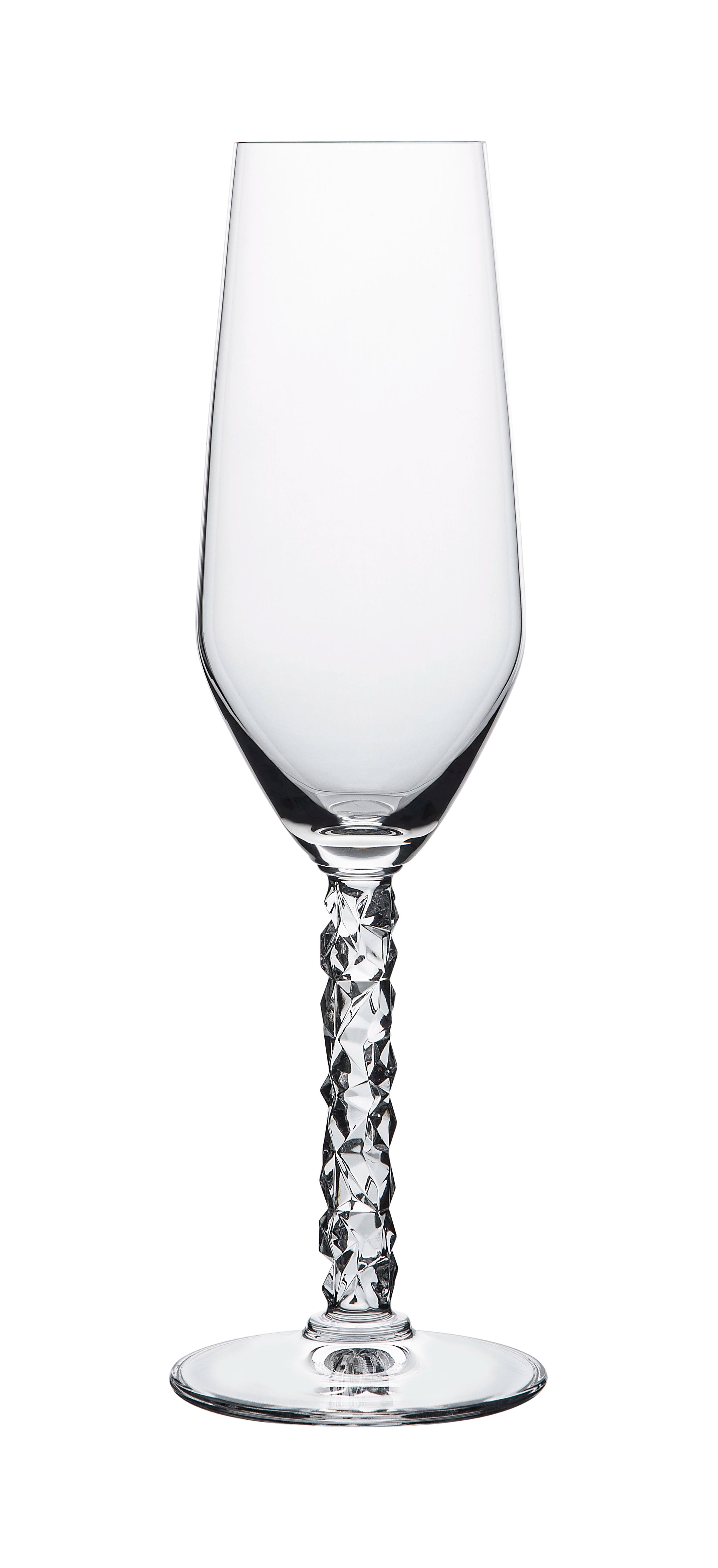 A geometric-patterned crystal glass from the Orrefors Carat Champagne Flute 8oz (2-Pack) shines elegantly on a white background, part of the exquisite collection.