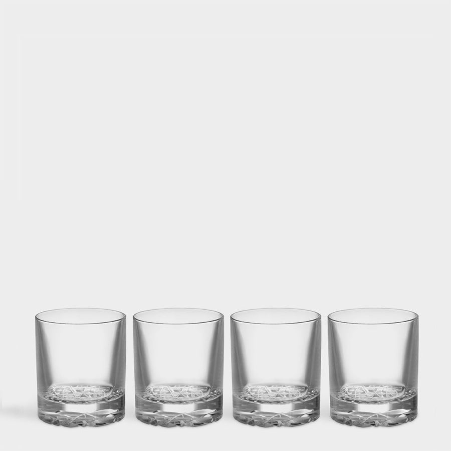 A set of four Orrefors Carat Old Fashioned Glasses arranged in a row on a plain white background.