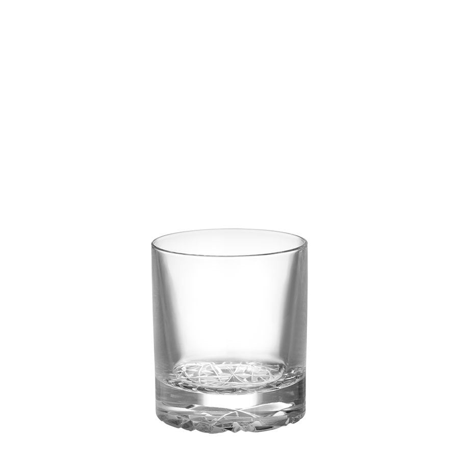 The Orrefors Carat Old Fashioned Glass from the 4-pack collection is centrally displayed in its clear, cylindrical design with a thick base against a plain white background.