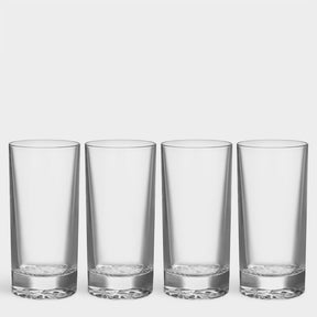 Four Orrefors Carat Highball Glasses, elegantly cylindrical and crafted with crystal clarity, are arranged in a row against a plain background.