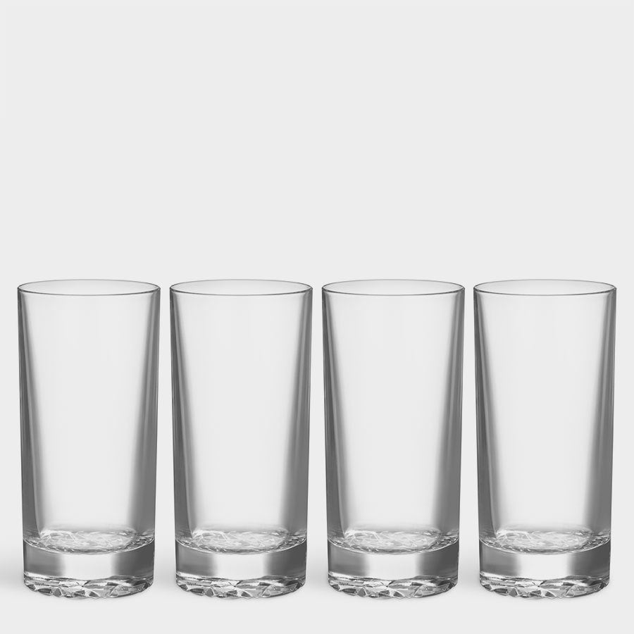 Four Orrefors Carat Highball Glasses, elegantly cylindrical and crafted with crystal clarity, are arranged in a row against a plain background.