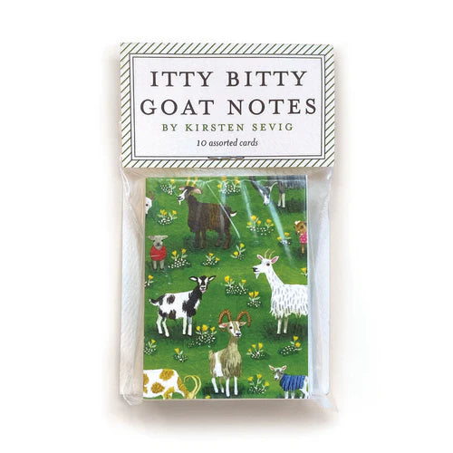 The Gift Cards: Itty Bitty Goat Notes (Gift Enclosure Cards) 10-Pack by Kirsten Sevig includes 10 assorted cards featuring charming goat illustrations in a green field, all printed on recycled paper.