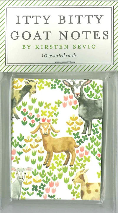 The Gift Cards: Itty Bitty Goat Notes (Gift Enclosure Cards) 10-pack, by Kirsten Sevig, features charming goat designs and floral patterns on recycled paper, ideal for any occasion.