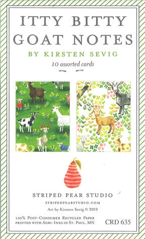 Cover of Gift Cards: Itty Bitty Goat Notes by Kirsten Sevig. Enjoy two charming goat illustrations with trees and flowers. Crafted on recycled paper, these artistically touched cards are ideal for gifts, reflecting product and studio details.