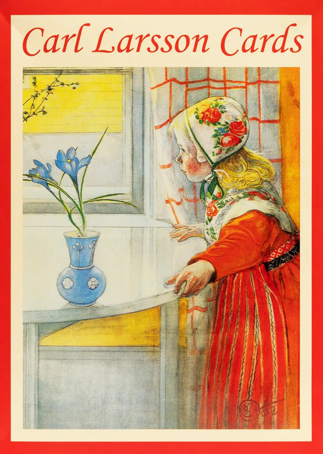 A young girl in a Swedish folk costume and floral cap looking out a window at a blue vase of irises.