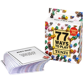 A colorful deck of cards named "Game: 77 Ways to Play Tenzi" sits next to its vibrant box, both featuring lively dice illustrations and offering limitless variations for playing TENZI.