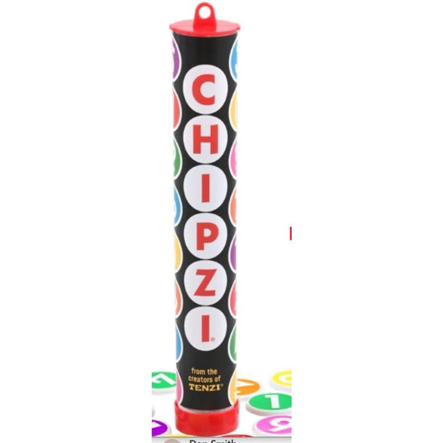 A cylindrical tube labeled "CHIPZI" in bold red and white letters displays vibrant chips at the base, each numbered 1–7 in seven colors. From Tenzi – Carma Games LLC, Game: Chipzi – Fast Flippin' Fun! offers fast-paced excitement for the whole family with its 49 colorful chips.